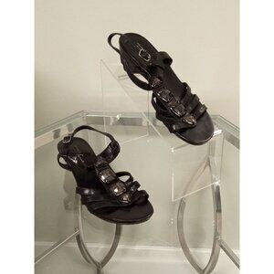 Women's Black Strictly Comfort Leather Sandal w/Rhinestone Detail Size 7